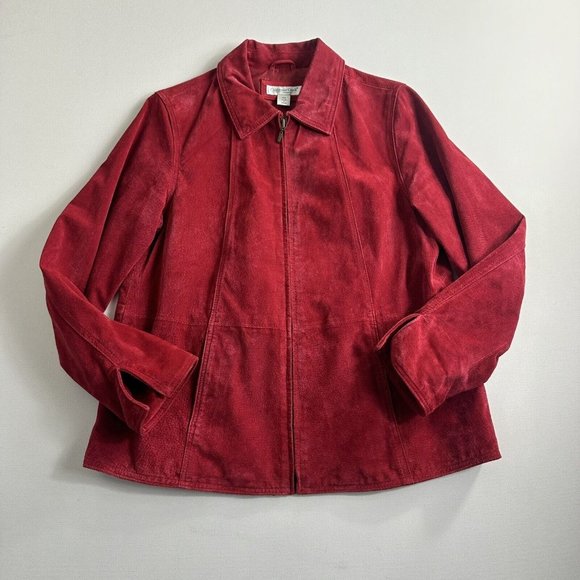 Coldwater Creek Suede Jacket Womens Petite Medium Leather Coat Wine Red Full Zip - Picture 1 of 9